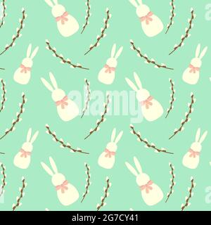 Easter pattern in pastel colors with a rabbit and a willow twig, seamless background, turquoise, beige. Vector illustration Stock Vector