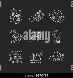 Surface water sport chalk white icons set on dark background Stock Vector