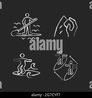 Riding waves in ocean chalk white icons set on dark background Stock Vector