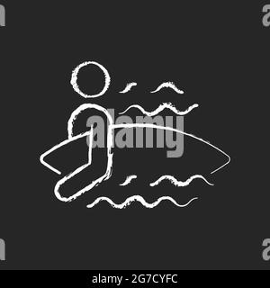 Surfer entering water chalk white icon on dark background Stock Vector