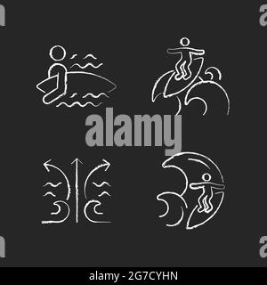 Riding wave using board chalk white icons set on dark background Stock Vector