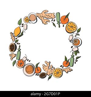 Color set of round natural healthy ingredients for cosmetics and care, doodling, ginger, lemon, citrus fruits, tea, leaves, berries. For banner, background, logo. Vector illustration Stock Vector