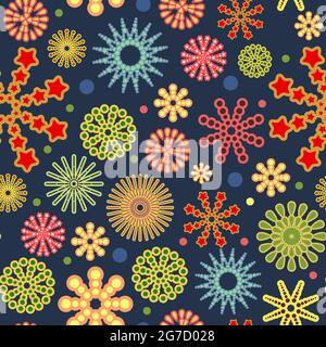 Festive background. Night. Square Seamless pattern. Bright flashes of fireworks in a symbolic style. Petard and squib. Flat design. Cartoon style Stock Vector