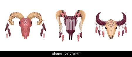 Boho set of animal skull in boho style decorated with crystals and feathers. Flat,  outline and simple style. Stock Vector