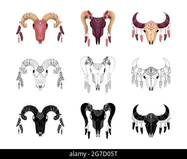 Set of vector animal skull in boho style decorated with crystals and feathers. Flat,  outline and simple style. Stock Vector