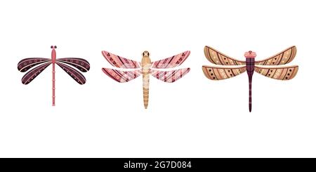 Vector set of flat dragonflies in boho style. Flat illustration. Stock Vector