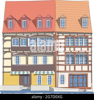 Old traditional German half-timbered houses above the canal in Bamberg. Vector illustration Stock Vector
