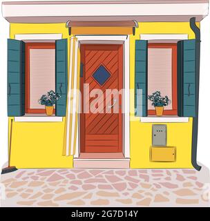 Traditional multi-colored house facade with door windows and shutters on the island Burano. Venice. Italy. Stock Vector