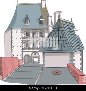 Old medieval stone French castle in Normandy isolated on white background. Stock Vector