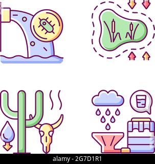Worldwide rising water demand RGB color icons set Stock Vector