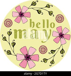 hello may lettering with flowers in doodle style for your design Stock Vector