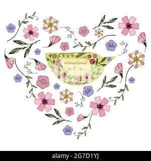 international bird day, heart with bird and flowers doodling, elements set for your design Stock Vector