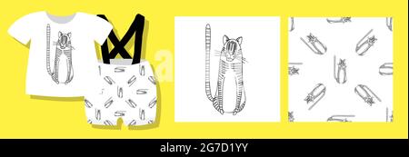 Funny seamless childish pattern with tigers. Year of the tiger background. Simple drawing of a tabby cat. Fabric and textile design.Vector Stock Vector