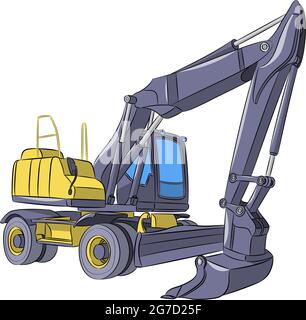 Yellow wheeled excavator isolated on white background. Vector illustration. Stock Vector