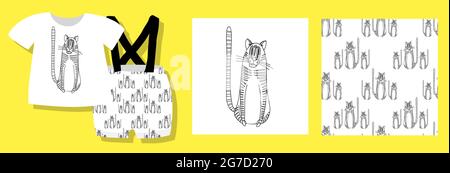 Funny seamless childish pattern with tigers. Year of the tiger background. Simple drawing of a tabby cat. Fabric and textile design.Vector Stock Vector