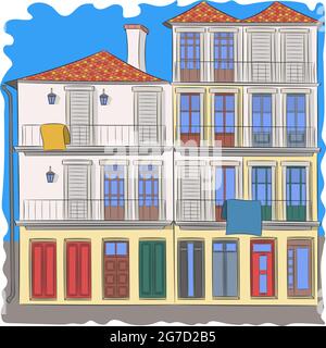 View on colorful facade of an old typical house in Porto. Portugal. Stock Vector