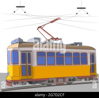 Old yellow traditional tourist tram in Lisbon. Portugal. Stock Vector