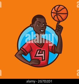 Man spinning ball on his finger. Basketball concept art in cartoon style. Stock Vector