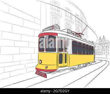 Old yellow tourist tram in the Alfama district. Lisbon. Portugal. Stock Vector