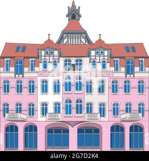 Beautiful pink old house with a tiled roof in Poznan. Poland. Stock Vector