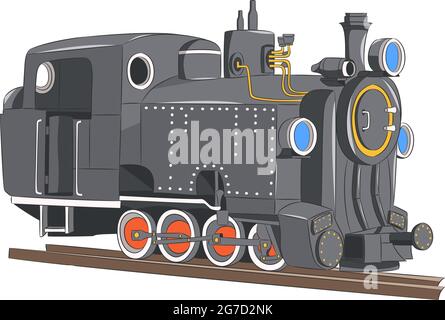 Old black steam locomotive on rails isolated on white background. Stock Vector