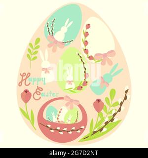 set of elements happy easter, egg with basket, rabbit, flowers Stock Vector