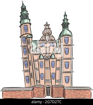 Ancient royal castle with Rosenborg towers. Color vector illustration on a white background. Copenhagen. Denmark. Stock Vector