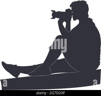 Black Silhouette of a woman photographer with a camera in her hands isolated on a white background. Stock Vector