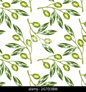 Pattern with olives in the style of low poly, green, a branch of olives with fruits. Vector illustration Stock Vector