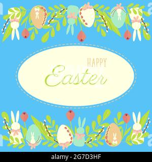 Festive happy Easter card with the inscription, decorated with doodles, egg, rabbit, on a blue background. Vector illustration Stock Vector