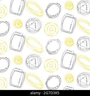 Seamless abstract doodles pattern, hand drawing, yellow and gray color doodles, white background. Vector illustration Stock Vector