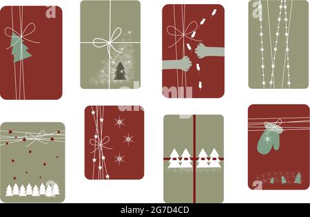 A set of holiday gifts and packing boxes with decorations, bow, Christmas tree, snow, mitten, cat paws, star, ribbon. Vector illustration Stock Vector
