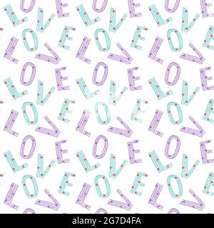 Seamless abstract pattern with letters LOVE, hearts, hand drawing, blue and lilac color, white background. Vector illustration Stock Vector
