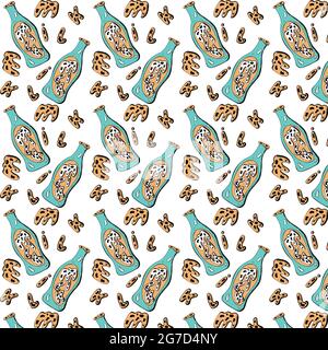 Seamless abstract pattern with milk bottles and letters MILK, hand drawing, blue and beige color, white background. Vector illustration Stock Vector