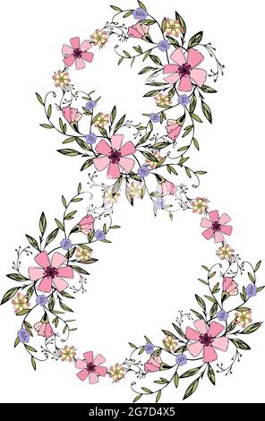 Number 8 on women day in March by an author brush from doodling flowers, hand drawing. Vector illustration Stock Vector
