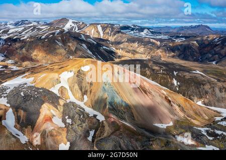 Aerial view of Landmannalaugar colorful rhyolite mountains and canyon during summer, Landmannalaugar, Highlands, Iceland, Northern Europe Stock Photo