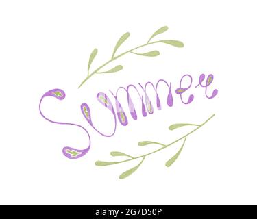 Inscription, lettering SUMMER hand drawing, twigs with leaves. For banner, background, backdrop. Vector illustration Stock Vector