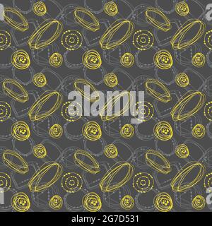 Seamless abstract doodles pattern, hand drawing, yellow and gray color doodles, grey background. Vector illustration Stock Vector