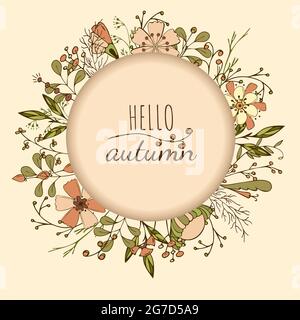 Vector autumn wreath with leaves,berry,seasonal floral and text. Round frame . Vector illustration Stock Vector