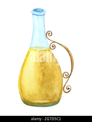 Watercolor vector hand drawing bottle of olive oil, glass container with oil, yellow color of liquid inside. On a white background, isolated. Vector illustration Stock Vector