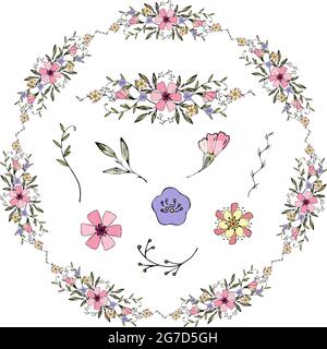 Author brush floral spring, wreath, brush elements isolated, in doodling style, hand drawing. Vector illustration Stock Vector