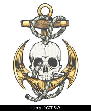Colorful Tattoo of Skull and Anchor with ropes isolated on white. Vector illustration Stock Vector