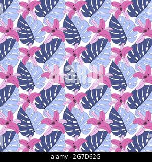 Tropical pattern, monstera leaf and orchid, pink lily, on a white background, seamless. Vector illustration Stock Vector
