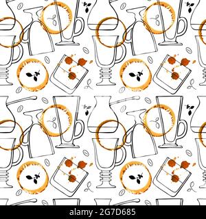 Pattern doodling glasses for coffee drinks and whiskey, latte, Irish coffee, coffee turkey, beans and coffee sprigs and color watercolor stains, hand drawing. Vector illustration Stock Vector