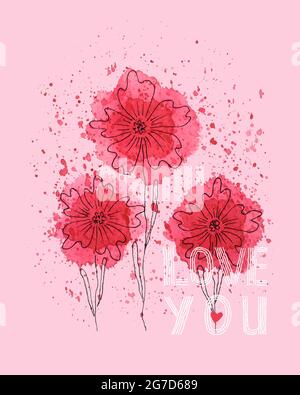Postcard background pink with watercolor red flowers, with a black outline doodling and the inscription LOVE YOU, hand drawing. Vector illustration Stock Vector