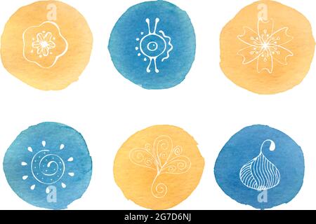Vector set of watercolor blue beige stains, with doodling hand drawings, background, banner. Vector illustration Stock Vector