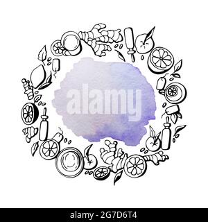 Round backdrop background watercolor stain and doodling cosmetics, citrus set, mug, ginger, lemon, grapefruit, cosmetic natural ingredients, hand drawing. Vector illustration Stock Vector