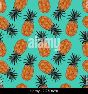 Seamless pattern with pineapples, hand-drawing doodling, blue background. For textile backdrop background cover packaging banner. Vector illustration Stock Vector
