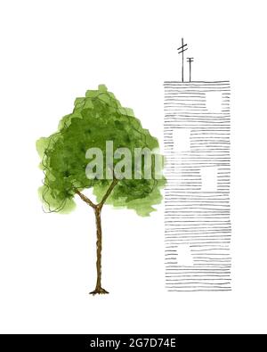 Vector set House doodling and tree watercolor, urban set, hand drawing, sketch, doodling, on a white background. Vector illustration Stock Vector