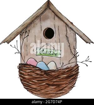 Birdhouse sketch in watercolor with contour, nest with eggs, Happy Easter. Vector illustration Stock Vector